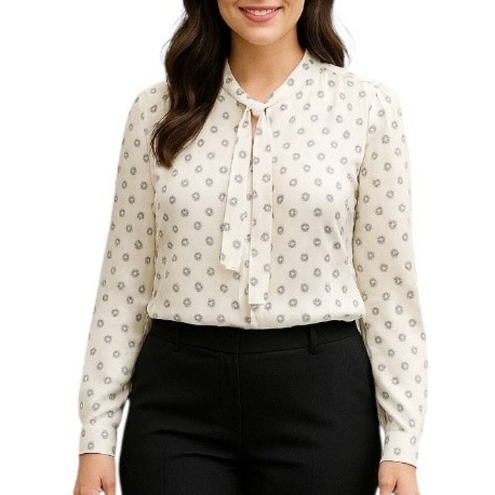 Ann Taylor Career Blouse Tie Neck Long Sleeves White Black NEW Women's Size M